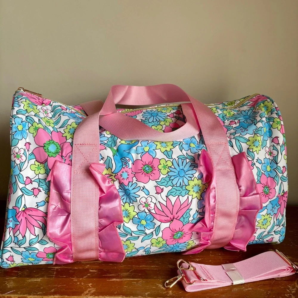 Blue Green Floral Ruffle Duffel Bag Travel Carry On Weekender 18x10 Boutique